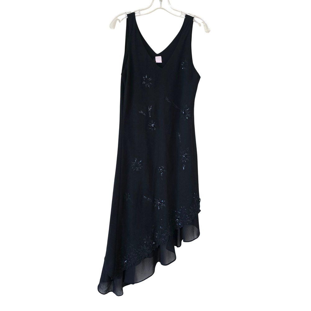 Michel USA‎ Black Beaded Sequin Asymmetrical Tiered V-Neck Midi Dress XL Y2K